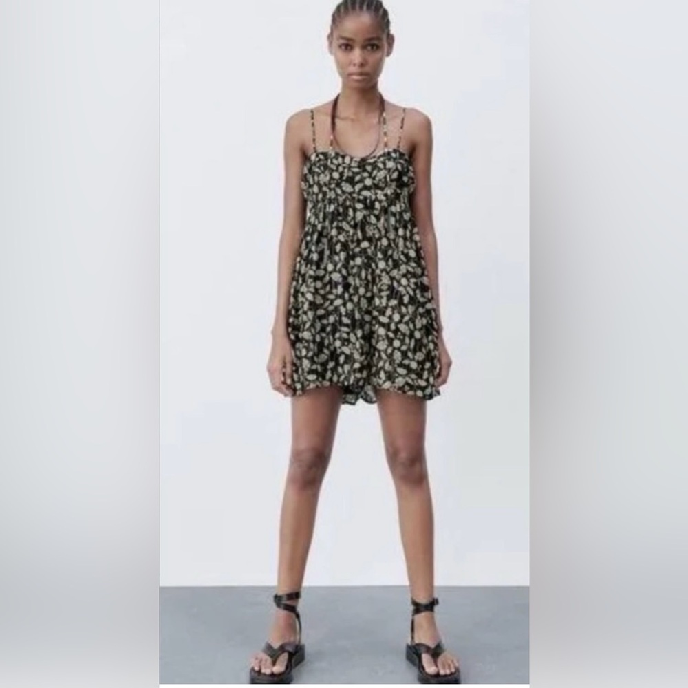 ZARA Printed Jumpsuit with Metallic Thread Floral Gold Romper Babydoll